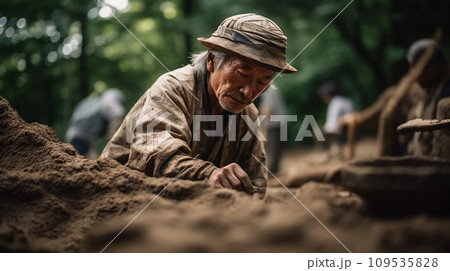 縄文時代の遺跡を発掘する発掘調査員・考古学者（AI生成画像） 109535828