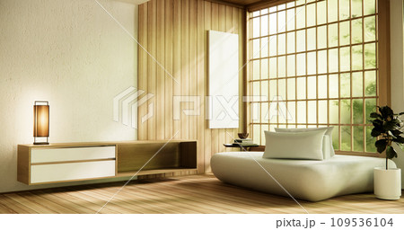 Wooden Arm chair and partition japanese on room tropical interior.3d rendering Wooden Arm chair and partition japanese on room tropical interior.3d rendering 109536104