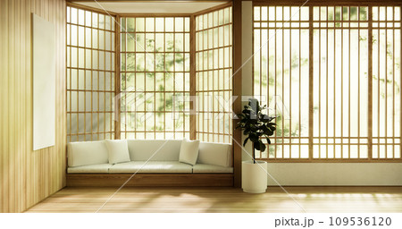 Wooden Arm chair and partition japanese on room tropical interior.3d rendering 109536120