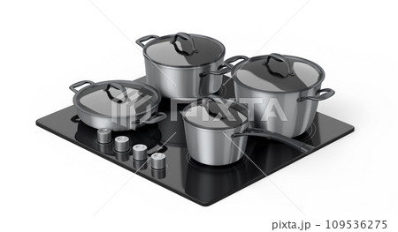 Kitchen electric stove or gas cooker with burning flames of propane gas on white 109536275