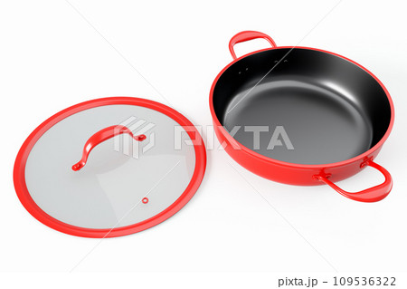 Stainless steel red frying pan with glass lid and chrome cookware on white 109536322