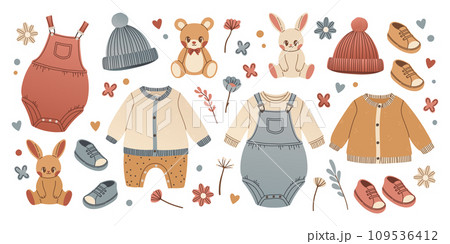 Baby toys and clothes set in hand drawn style. Bunny and teddy bear for babyshower. Clothing for infant boy or girl. Baby toys and clothes set in hand drawn style. Bunny and teddy bear for babyshower. Clothing for infant boy or girl. 109536412