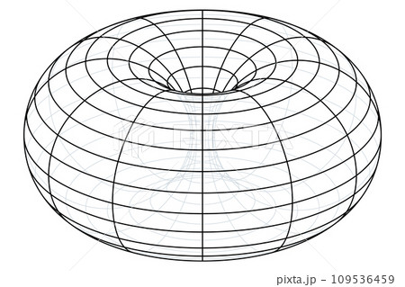 Wire-frame of a ring torus, or also donut or doughnut. Geometrical surface of revolution generated by revolving a circle in 3D space one full revolution about an axis that is coplanar with the circle. 109536459