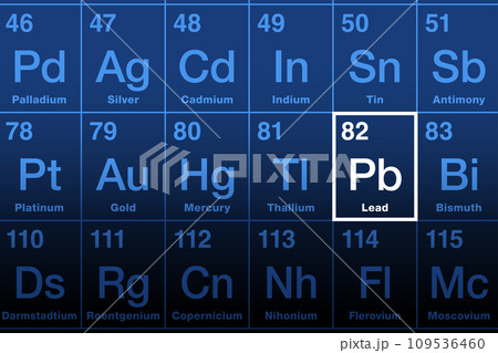 Lead on periodic table of the elements. Chemical element with symbol Pb for Latin plumbum, and atomic number 82. Soft, malleable heavy metal with low melting point. Nervous system damaging neurotoxin. 109536460