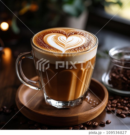 Coffee latte in a glass with heart foam latte art, on a table,Ai Generate 109536827