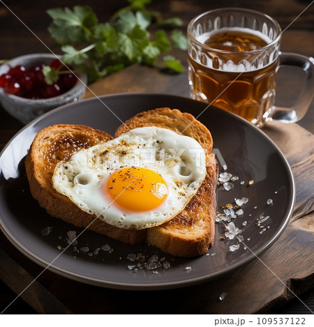 Heart shaped fried egg with toastand coffee  ,Ai Generate 109537122