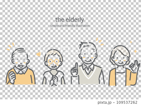 A simple and stylish line drawing illustration of a senior generation with a lively expression 109537262