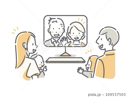 高齢の両親とのテレビ電話を楽しむ若い夫婦と子供たち シンプルでお洒落な線画イラスト 高齢の両親とのテレビ電話を楽しむ若い夫婦と子供たち シンプルでお洒落な線画イラスト 109537503