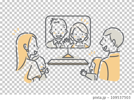 高齢の両親とのテレビ電話を楽しむ若い夫婦と子供たち シンプルでお洒落な線画イラスト 高齢の両親とのテレビ電話を楽しむ若い夫婦と子供たち シンプルでお洒落な線画イラスト 109537503