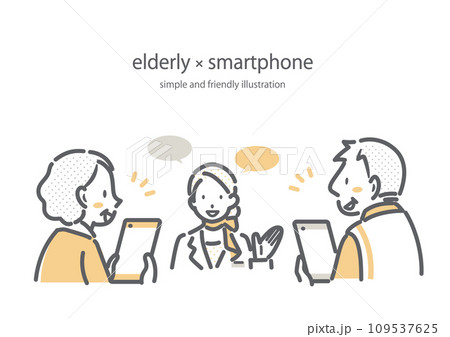 スマホ教室に参加するシニア世代の女性と男性　シンプルでお洒落な線画イラスト 109537625