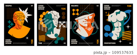 Y2k cover. Abstract modern typography banners with geometric shapes and cosmic elements. Vector 90s retro print design layout 109537635