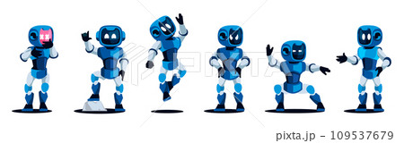 Cartoon cute bot. Mechanical robot with expression, service mascot with different emotions, cute android character. Vector isolated set Cartoon cute bot. Mechanical robot with expression, service mascot with different emotions, cute android character. Vector isolated set 109537679