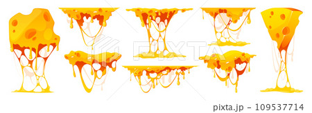 Melted cheese. Cartoon melting cheddar and mozzarella, fondue and sauce, gourmet food product stretching and flowing. Vector vegetarian food set Melted cheese. Cartoon melting cheddar and mozzarella, fondue and sauce, gourmet food product stretching and flowing. Vector vegetarian food set 109537714
