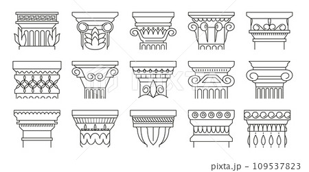 Ancient architectural details. Ancient relief sculpture and classical architecture style, antique mediterranean building facade decoration. Vector isolated set 109537823