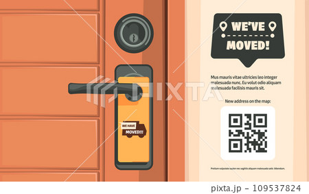 We have moved door sign. Relocation announcement label with pointing to the direction of new address, flat moving info banner. Vector illustration We have moved door sign. Relocation announcement label with pointing to the direction of new address, flat moving info banner. Vector illustration 109537824