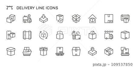 Delivery line icons. Outline shipping delivery related symbols for cargo transport, courier shipping, logistic warehouse concept. Vector set Delivery line icons. Outline shipping delivery related symbols for cargo transport, courier shipping, logistic warehouse concept. Vector set 109537850