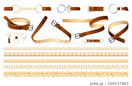 Fashion belts and chains. Abstract decorative fashion accessories, trendy fashion chain and buckle accessories for male and female. Vector set Fashion belts and chains. Abstract decorative fashion accessories, trendy fashion chain and buckle accessories for male and female. Vector set 109537863