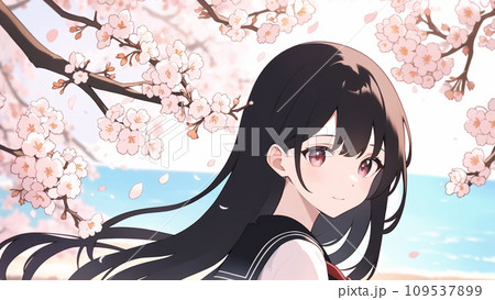 セーラー服の女子学生と桜 109537899