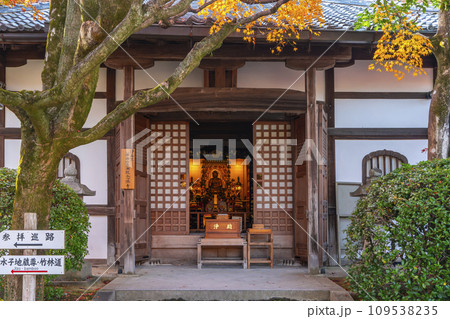秋の京都　化野念仏寺　紅葉に包まれた本堂 109538235
