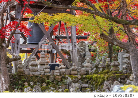 秋の京都 化野念仏寺 紅葉に包まれた鐘楼 秋の京都 化野念仏寺 紅葉に包まれた鐘楼 109538287