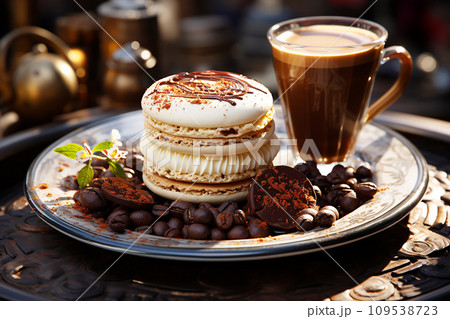 The delightful combination of coffee and a sweet treat, dessert with a steaming cup of coffee The delightful combination of coffee and a sweet treat, dessert with a steaming cup of coffee 109538723