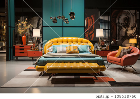 Bedroom exuding vintage coziness, retro-inspired furniture and nostalgic decor. Color tones and patterns reminiscent of the 60s and 70s 109538760