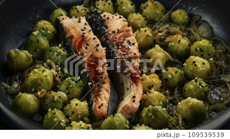 Stewed salmon with Brussels sprouts Stewed salmon with Brussels sprouts 109539539