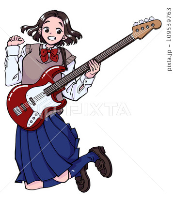ベースを肩から下げてジャンプする女の子 ベースを肩から下げてジャンプする女の子 109539763