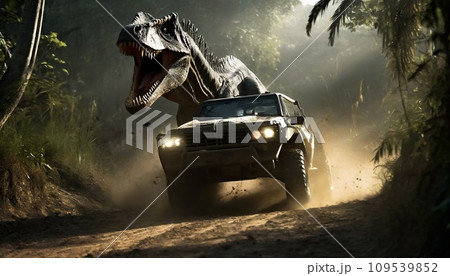 AI生成画像：車を追うティラノサウルス 109539852