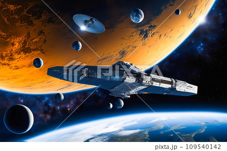 AI-generated content. Spaceship in space, with glow and lights, fantasy photo, beautiful planets, planet earth, planet sun. Deep space, solar system 109540142