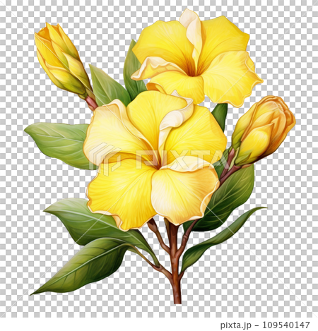 yellow flowers and green leaves isolated on white 109540147