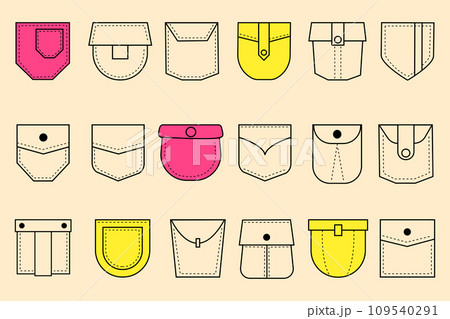 Pocket line icons. Garment pouch shapes. T-shirt or trousers wear. Textile patch with button and seams. Outline pants stitches. Color denim flaps. Vector sewing pattern elements set Pocket line icons. Garment pouch shapes. T-shirt or trousers wear. Textile patch with button and seams. Outline pants stitches. Color denim flaps. Vector sewing pattern elements set 109540291