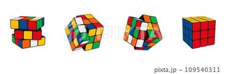 Rubik cube. Puzzle toy. Play mind game. Random combinations. Entertainment of difficult solved problems. Intelligence concept. Square shape. Intellectual riddle. Vector logic symbols set 109540311