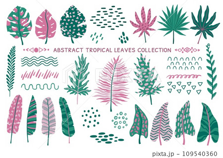 Tropical leaves. Abstract leaf and doodle textures, tropic elements of summer palm, geometrical modern floral tribal art. Jungle isolated drawing elements for decor. Botanical vector design set 109540360