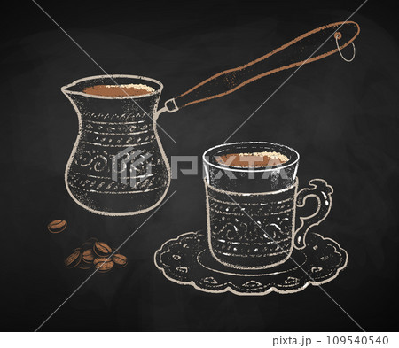 Turkish Coffee cup and Cezve on chalkboard Turkish Coffee cup and Cezve on chalkboard 109540540