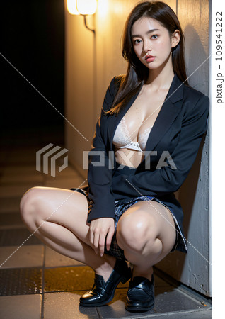 玄関の前に座るセクシーな雰囲気の女子高生　AI画像　AI写真 109541222