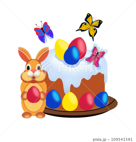 illustration of a rabbit, Easter cake with Easter eggs and butterflies hand-drawn on a white background 109541591