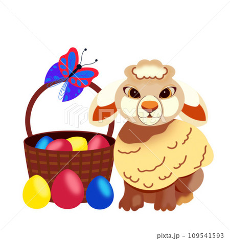 illustration of a lamb, wicker brown basket with Easter eggs and colorful butterflies hand-drawn on a white background illustration of a lamb, wicker brown basket with Easter eggs and colorful butterflies hand-drawn on a white background 109541593