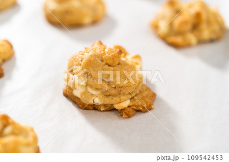 Cooling freshly baked white chocolate macadamia nut on a kitchen counter. 109542453