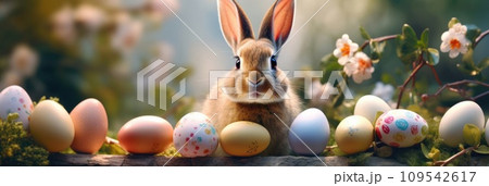 AI-generated content. Cheerful Easter Bunny Banner with Colorful Eggs for Spring Celebration, Festive Promotions, copyspace. 109542617