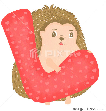 Cute cartoon hedgehog holding the red letter L with a heart pattern. 109543665