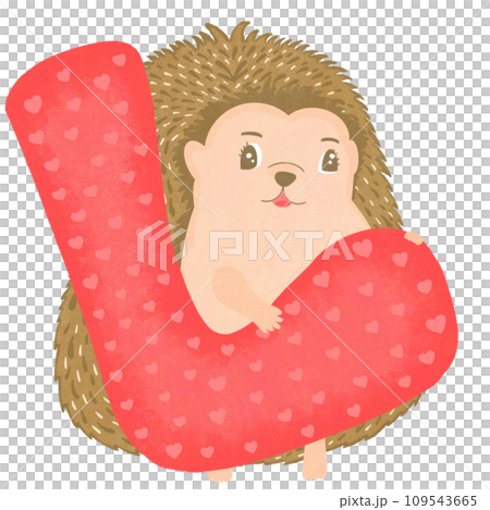 Cute cartoon hedgehog holding the red letter L with a heart pattern. 109543665