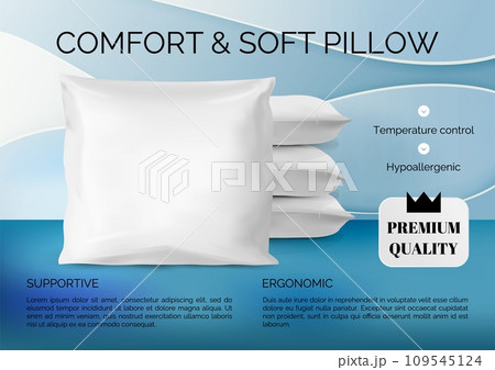 Pillow ad banner. Comfortable 3D cushions heap. Sleep comfort. Soft hypoallergenic bedding. Bedroom relaxation. Ergonomic accessory. Premium quality. Cotton pillowcase. Vector advertising background Pillow ad banner. Comfortable 3D cushions heap. Sleep comfort. Soft hypoallergenic bedding. Bedroom relaxation. Ergonomic accessory. Premium quality. Cotton pillowcase. Vector advertising background 109545124
