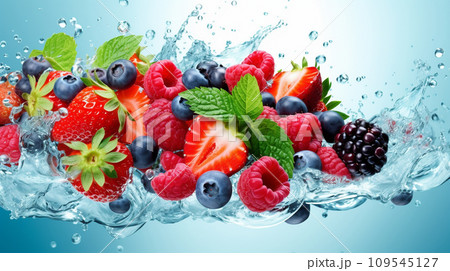 Falling strawberries and blackberries in water splashes on blue background. Fresh fruits with water splash on blue background. Healthy food concept. Fresh berries in water splash. AI generated. Falling strawberries and blackberries in water splashes on blue background. Fresh fruits with water splash on blue background. Healthy food concept. Fresh berries in water splash. AI generated. 109545127