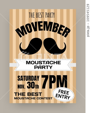 Moustache party invitation. Movember card. Prostate cancer awareness. Beard contest. November event. Male mustache holiday. Entertainment announcement poster. Vector inviting poster design template 109545129