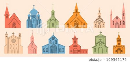 Catholic church set. Monastery building icons, vintage glass windows and doors, city architecture community. Minimal contemporary drawing. Abbey buildings with bell tower. Vector isolated design Catholic church set. Monastery building icons, vintage glass windows and doors, city architecture community. Minimal contemporary drawing. Abbey buildings with bell tower. Vector isolated design 109545173