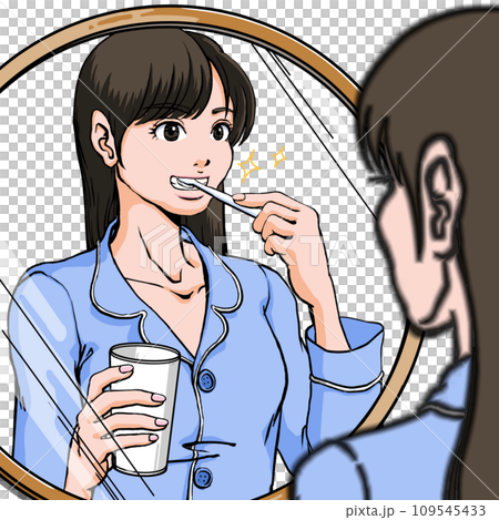 穿著睡衣的年輕女子站在水槽前刷牙_白牙 109545433