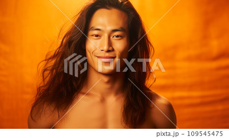 Handsome young male guy smile Asian with long red hair, on orange yellow background, banner, 109545475