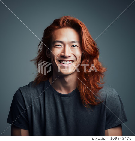 Handsome young male guy smile Asian with long red hair, on a silver background, banner, 109545476