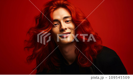 Handsome young male guy smile Asian with long red hair, on red background, banner, copy space Handsome young male guy smile Asian with long red hair, on red background, banner, copy space 109545509